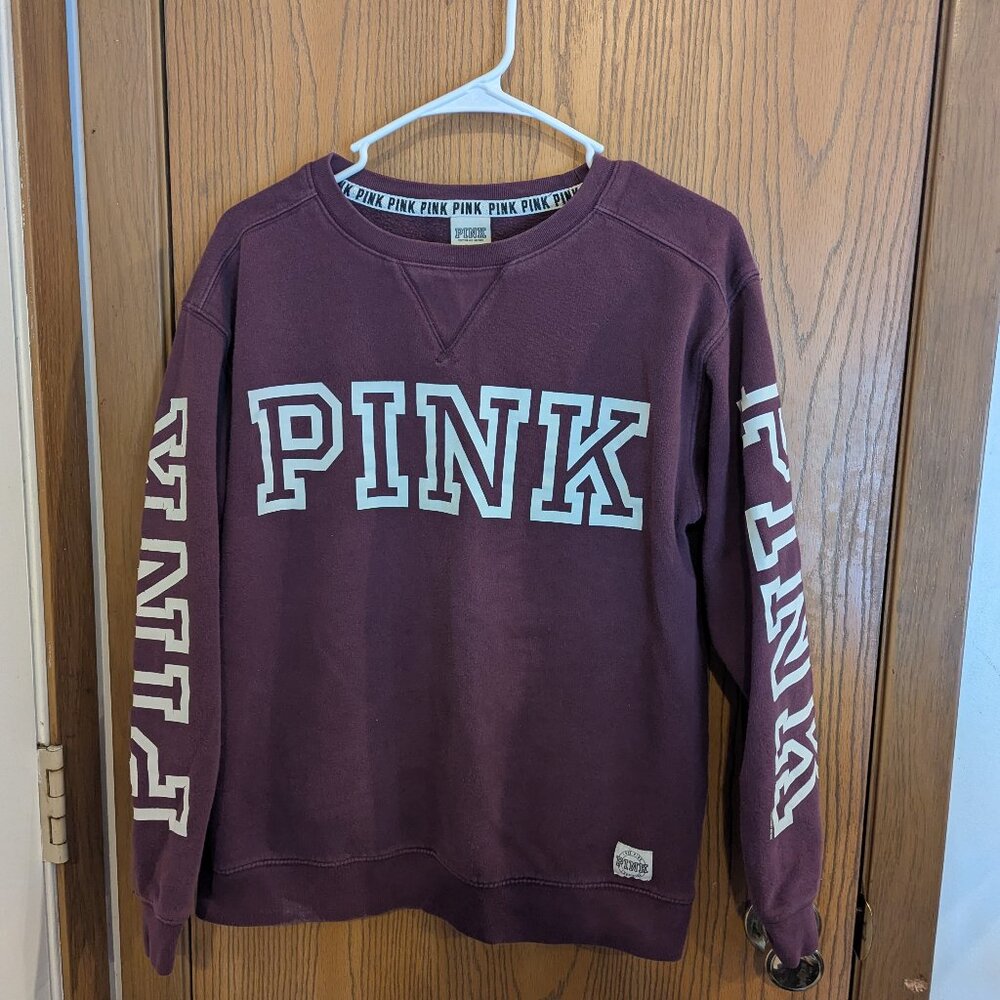 Pink Victoria's Secret Logo Pullover Crewneck Sweatshirt Maroon-Small